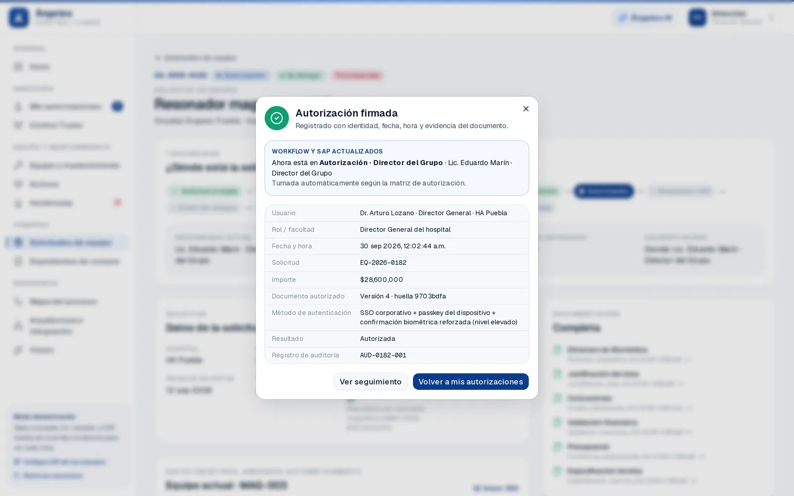 Autorización firmada con la evidencia registrada