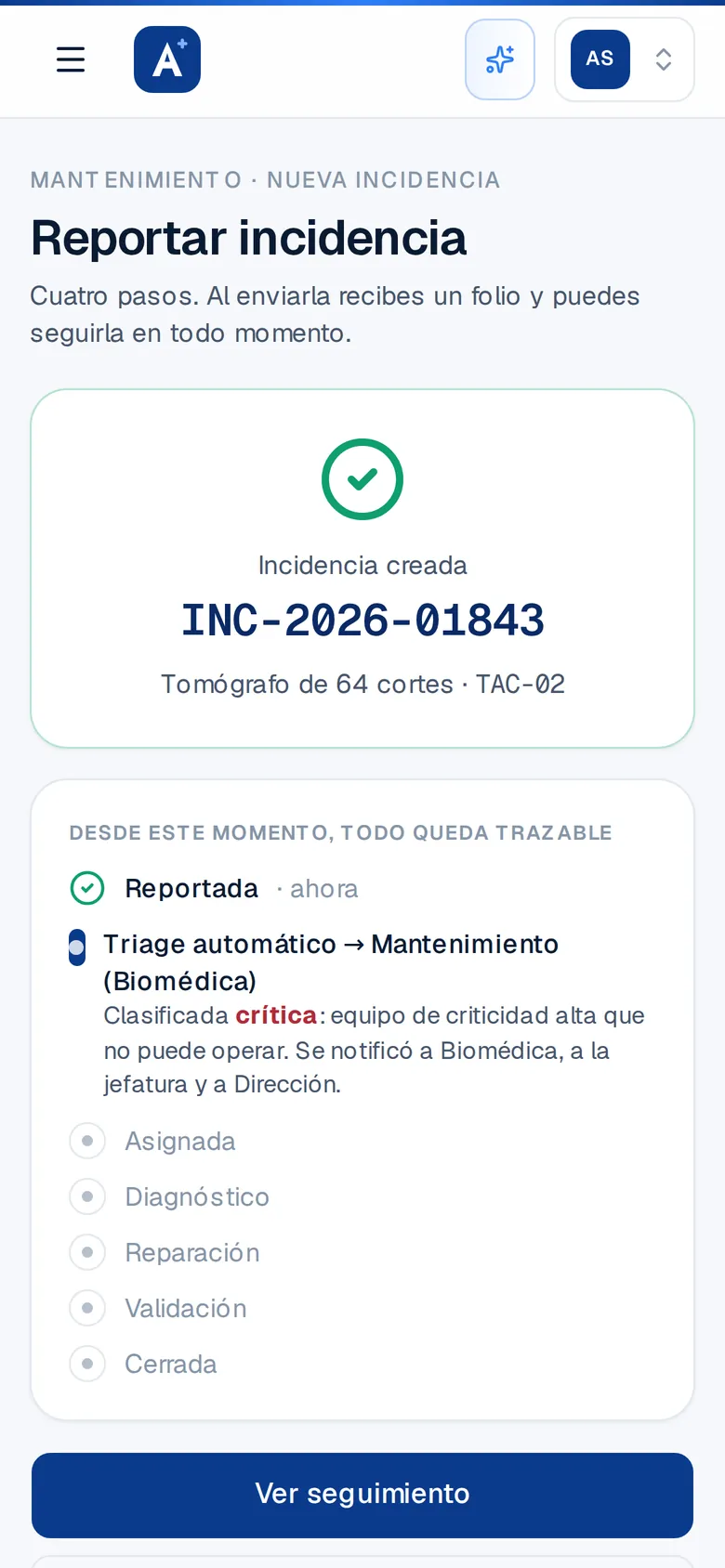 Incidencia creada con folio y triage automático