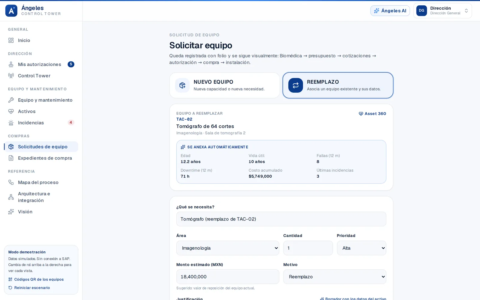Solicitud de reemplazo prellenada con los datos del equipo